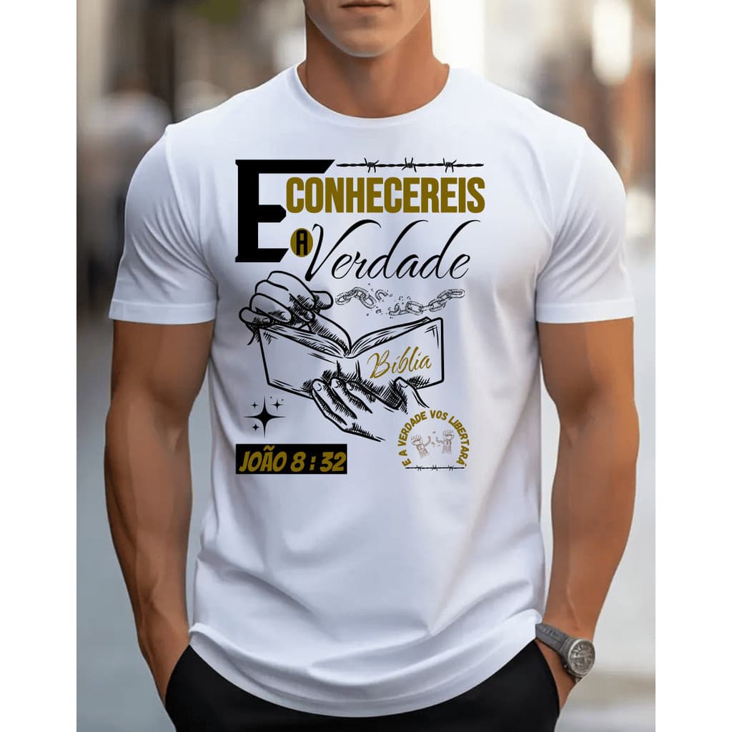 Camiseta Masculina Bíblia E Conhecereis a Verdade Estampada Peito Gospel Cristã Casual Moderna 100% Algodão