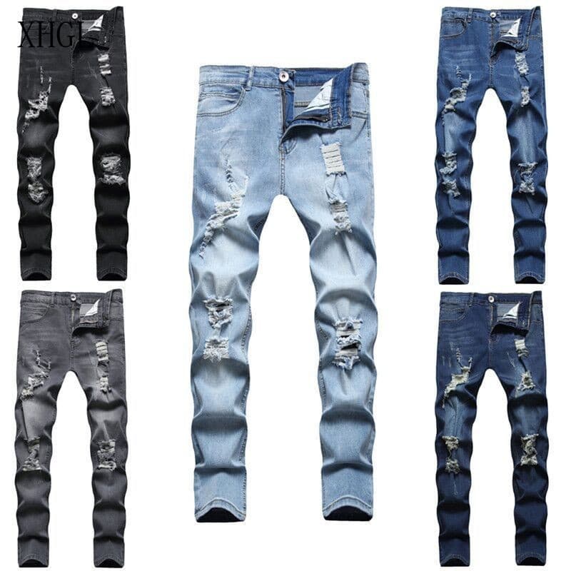 Calças Jeans Masculinas Rasgadas Brancas Foscas Slim-Fit Estilo Vintage Casual com Punho no Tornozelo, Moda Europeia e A