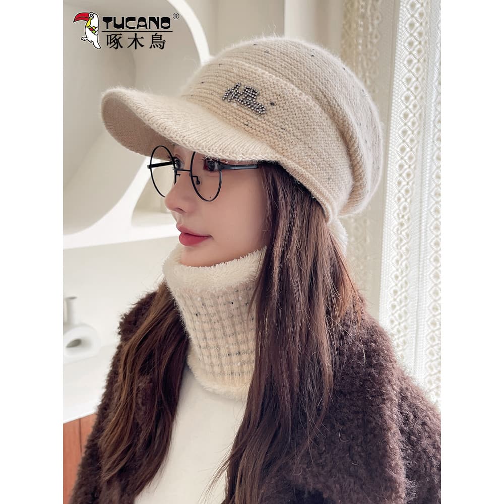 Chapéu de meia-idade feminino outono inverno à prova de frio boné de lã malha chapéu babador conjunto mãe quente W