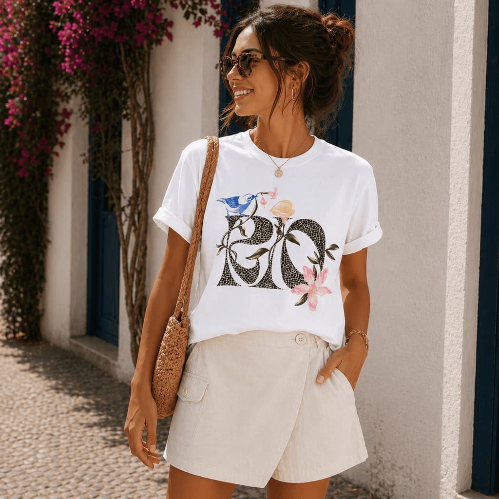 Camiseta Feminina Estampada Rio Floral Pássaro Delicado Natureza Elegante Minimalista Estilo Casual Chic Look Urbano