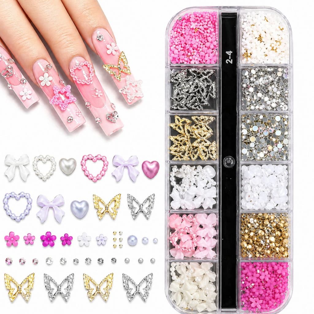 Decoração para Unhas 3D Kit 12 Grades com Strass Pérolas Borboleta Flores