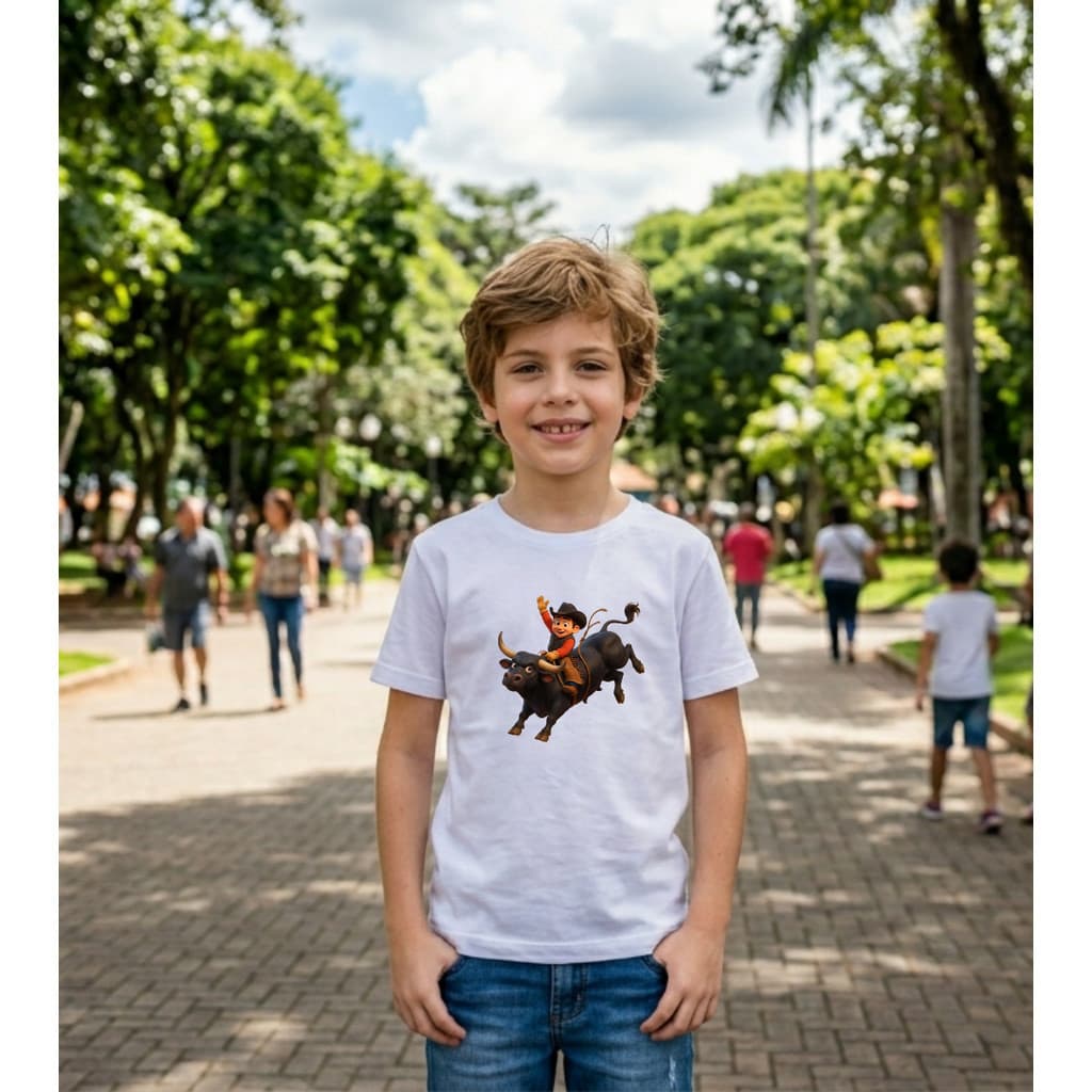 Camiseta Infantil Menino Estampa Cowboy Montando Touro Manga Curta Algodão