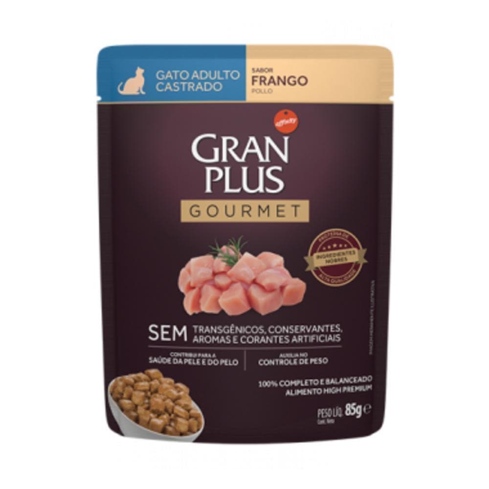 Ração Úmida GranPlus Gourmet Sachê para Gatos Castrados Sabor Frango 85g