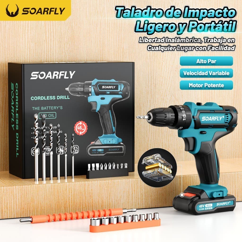Furadeira e Parafusadeira a Bateria 48V com 2 Baterias, Maleta e Kit de Acessórios