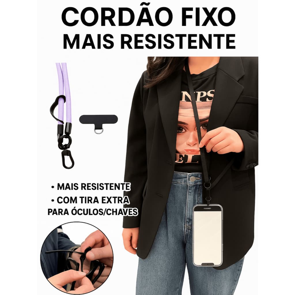 Cordão de Pescoço para Celular com Patch Interno Fita Grossa Resistente Uso Diário Suporte Chave