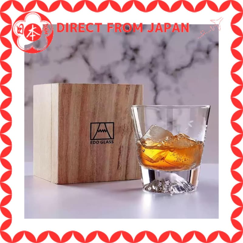 Batone Copo de Vidro Monte Fuji 270ml 1 unidade Conjunto Sakura Kiriko Luxo Feito à Mão por Artisans Caixa de Madeira