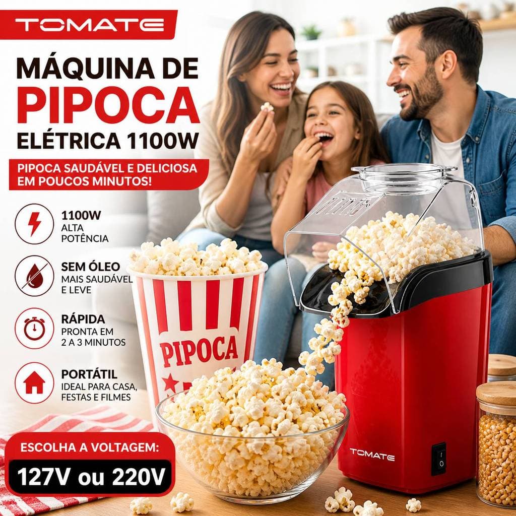 Pipoqueira Elétrica Portátil 1100W 127V 220V Sem Óleo Máquina Fazer Pipoca Rápida para Casa Cinema