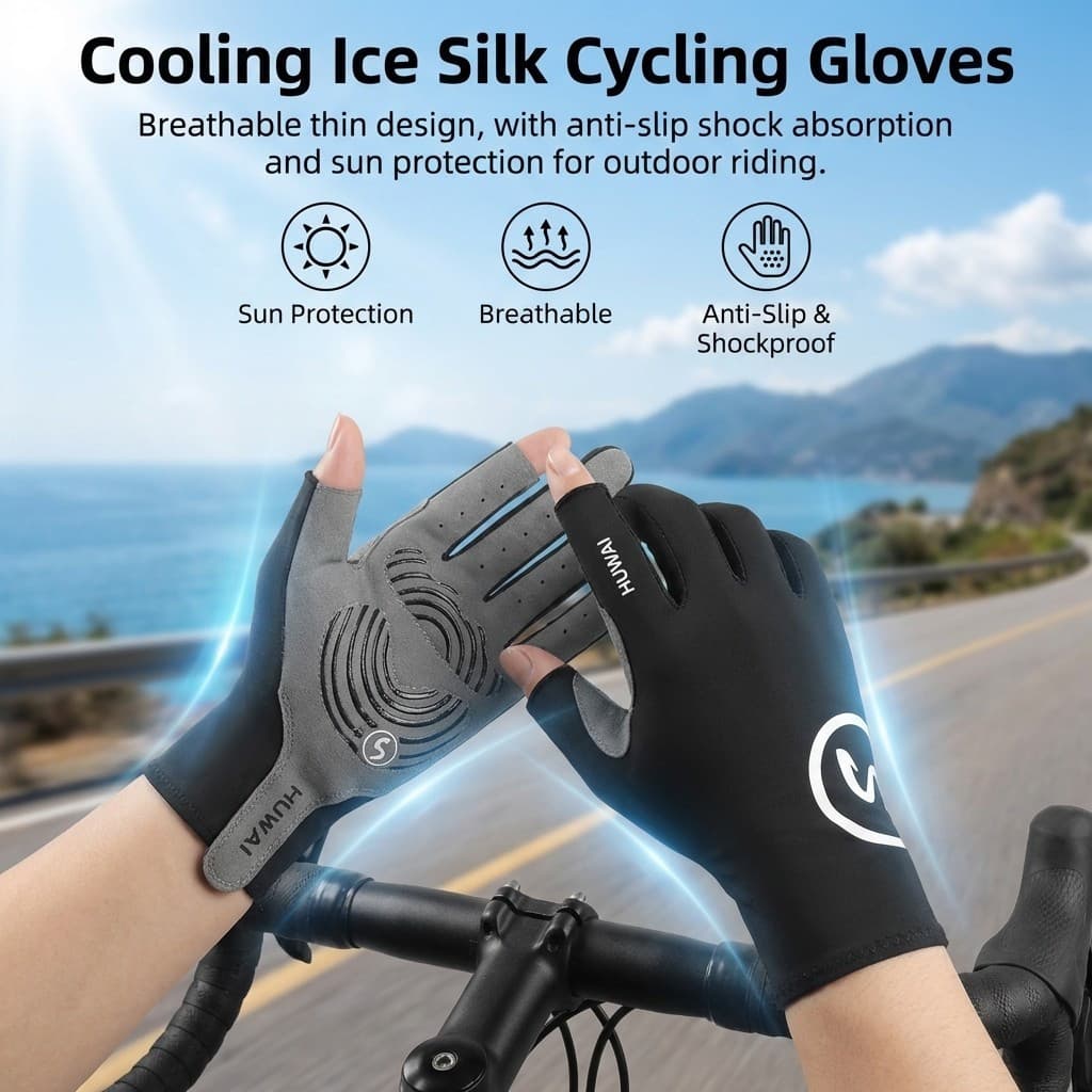 Luvas De Ciclismo De Verão Tecido De Seda Gelada Proteção UV Antiderrapante Absorção De Choque Conforto Respirável