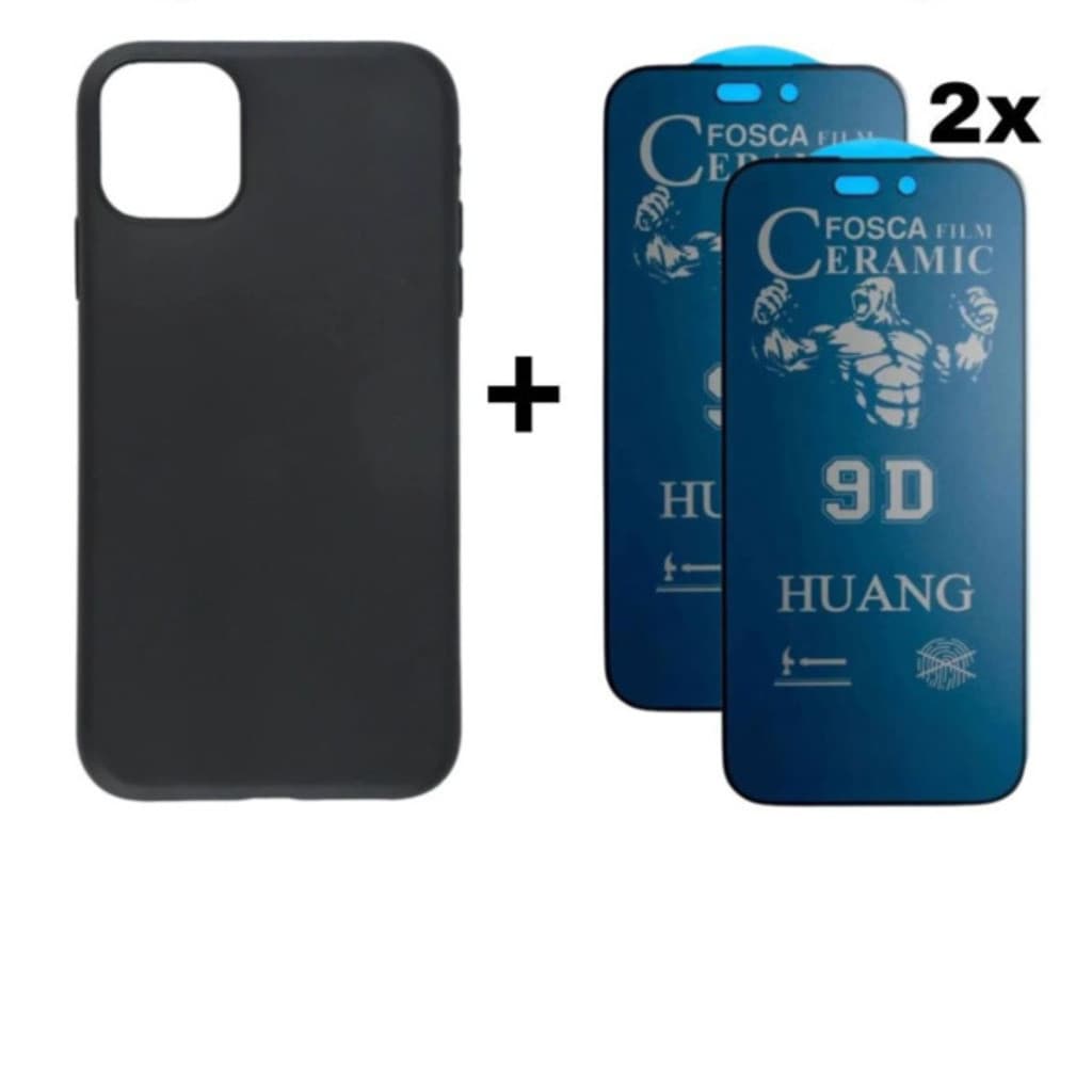 Kit 3em1 Case Preta + 2X Película Cerâmica Fosca Privacidade Para iPhone 11 12 13 14 15 16 Pro Max