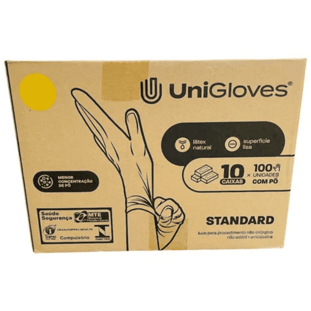 Luva Procedimento Látex com Pó Unigloves Standard 100un - Kit 10 Caixas (1.000un) Alta Elasticidade para Odontologia Est