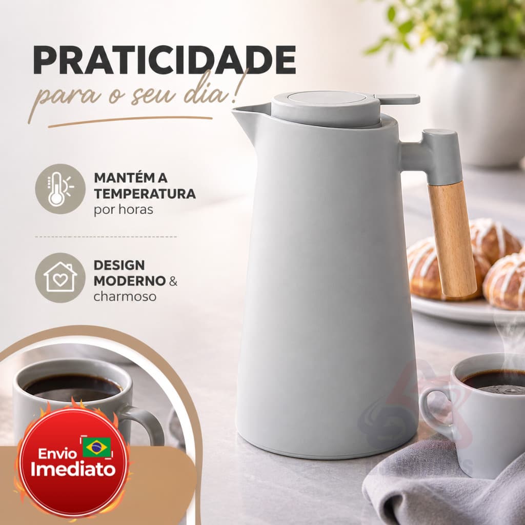 Garrafa Térmica de Café 1 Litro Akita Cinza Com o Cabo de Madeira Premium - Design Nórdica Moderno