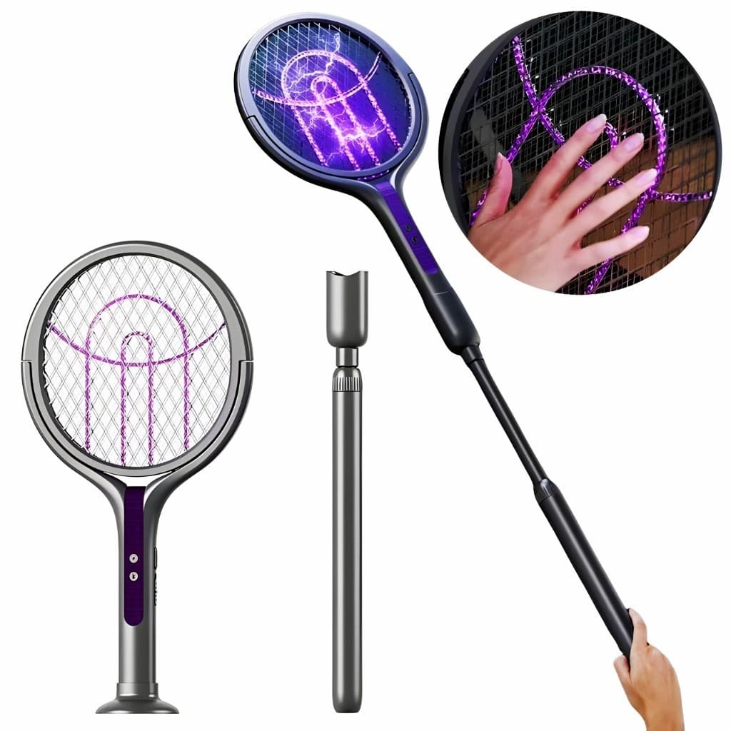 Raquete Elétrica Mata Mosquito Mosca Recarregável Cabo Extensível USB Luz UV