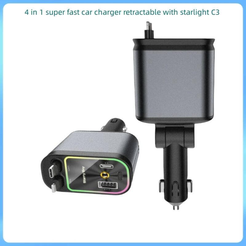Carregador De Carro super Rápido 4 Em 1 Retrátil Com Luz Das Estrelas C3 Para Telefone notebook