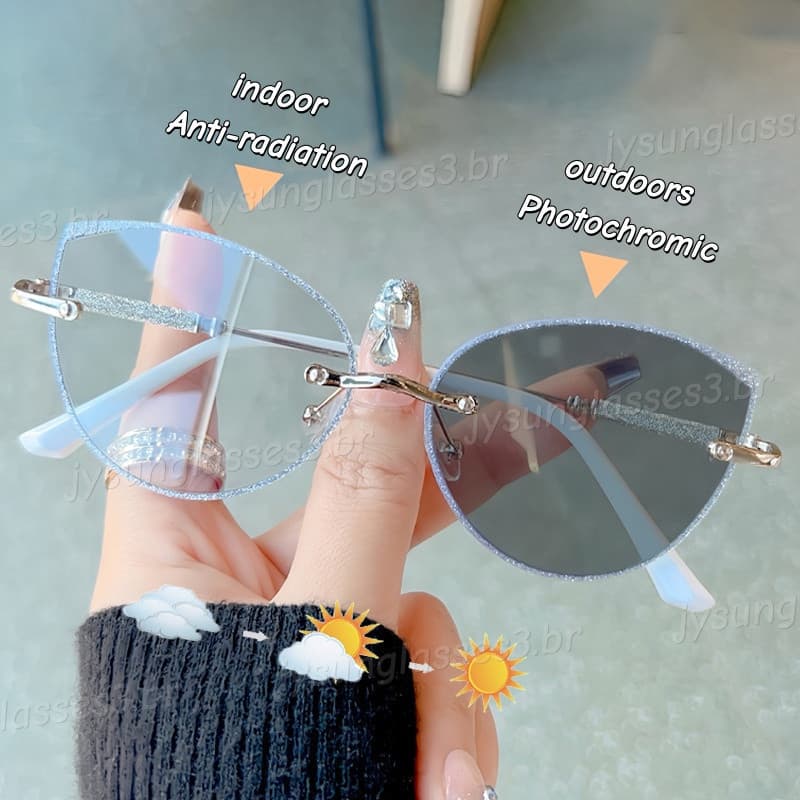 Moda Fotocromática Luxuosa Sem Moldura Olho De Gato Óculos De Metal Para Tendência Feminina Masculina Anti Luz Azul Alta