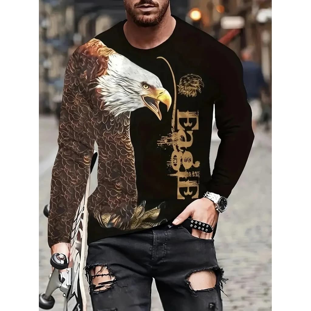 Camiseta Masculina Vintage Animal Águia 3d Impresso Casual Pop Manga Longa Moda Streetwear O Pescoço Roupas Masculinas D