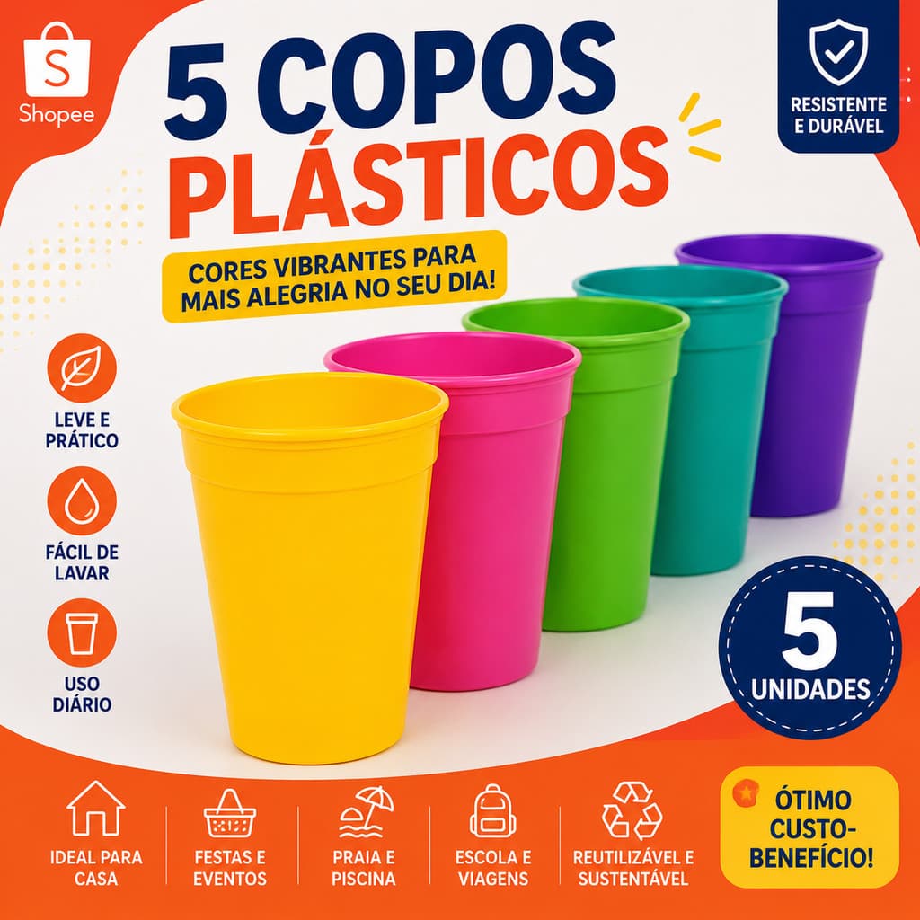 Kit 5 Copos Plásticos Reutilizáveis 350ml Resistentes para Festa Escola Almoço Eventos Diversos