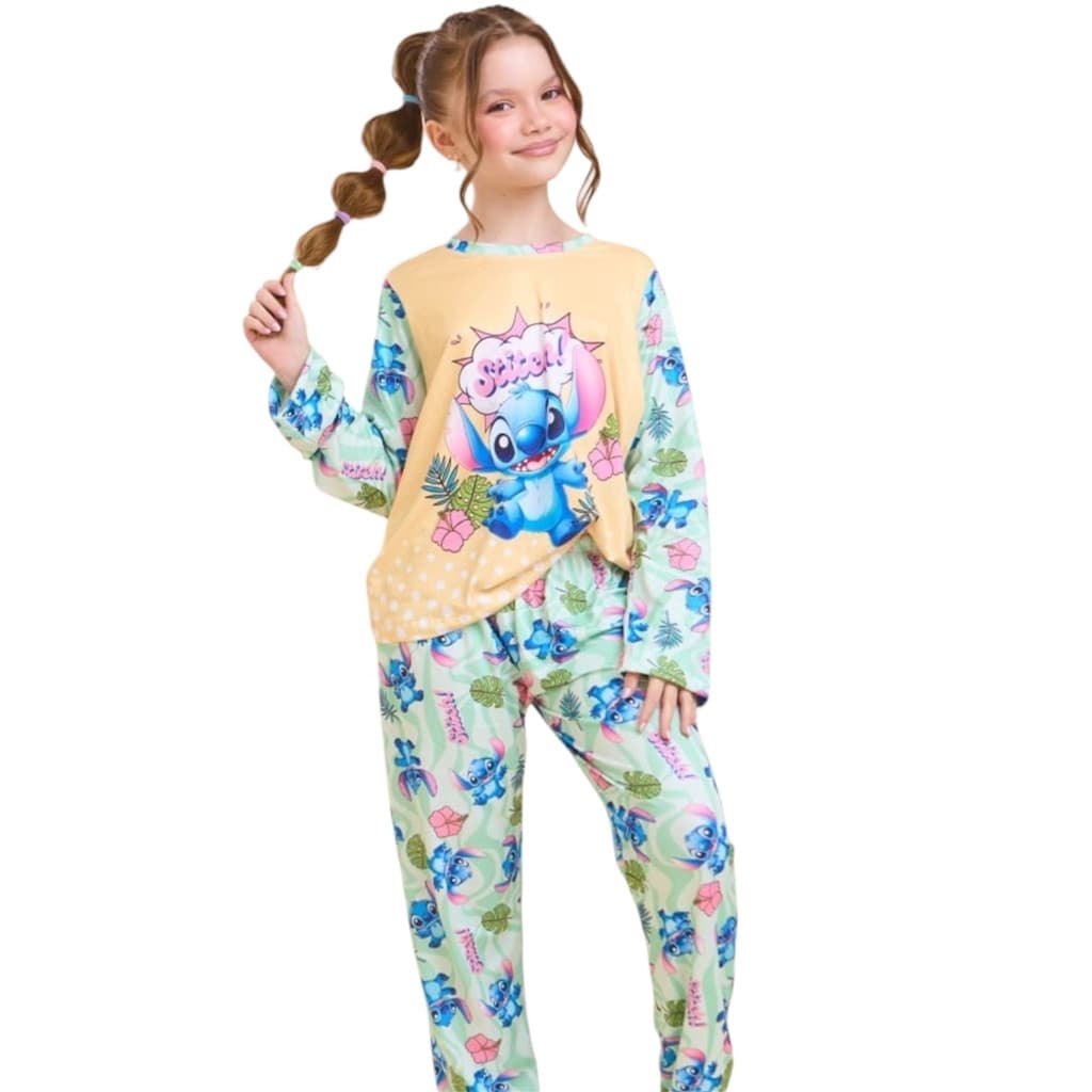 Pijama Manga Longa e Calça Infantil Stitch Verde - 153