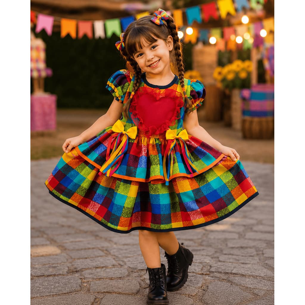 Vestido Festa Junina Infantil Colorido com Duas Saias - Vestido caipira - Vestido de são João