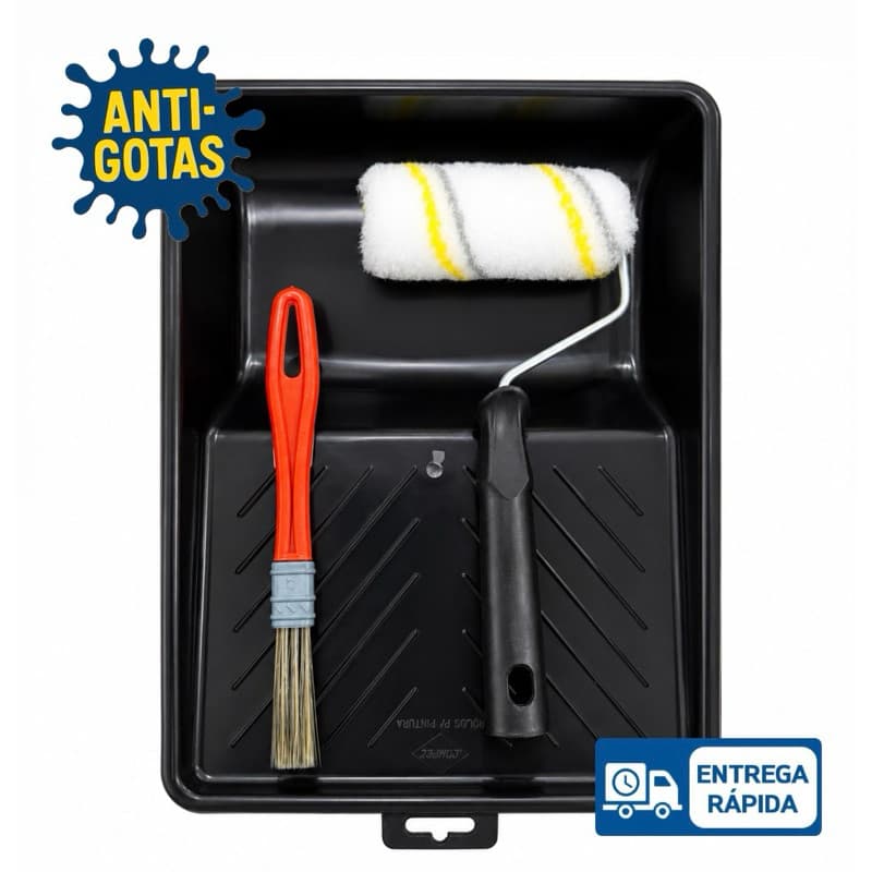 Kit de Pintura Pequeno C/ Rolo Anti-Gotas 9cm, Bandeja e Trincha de “1/2”