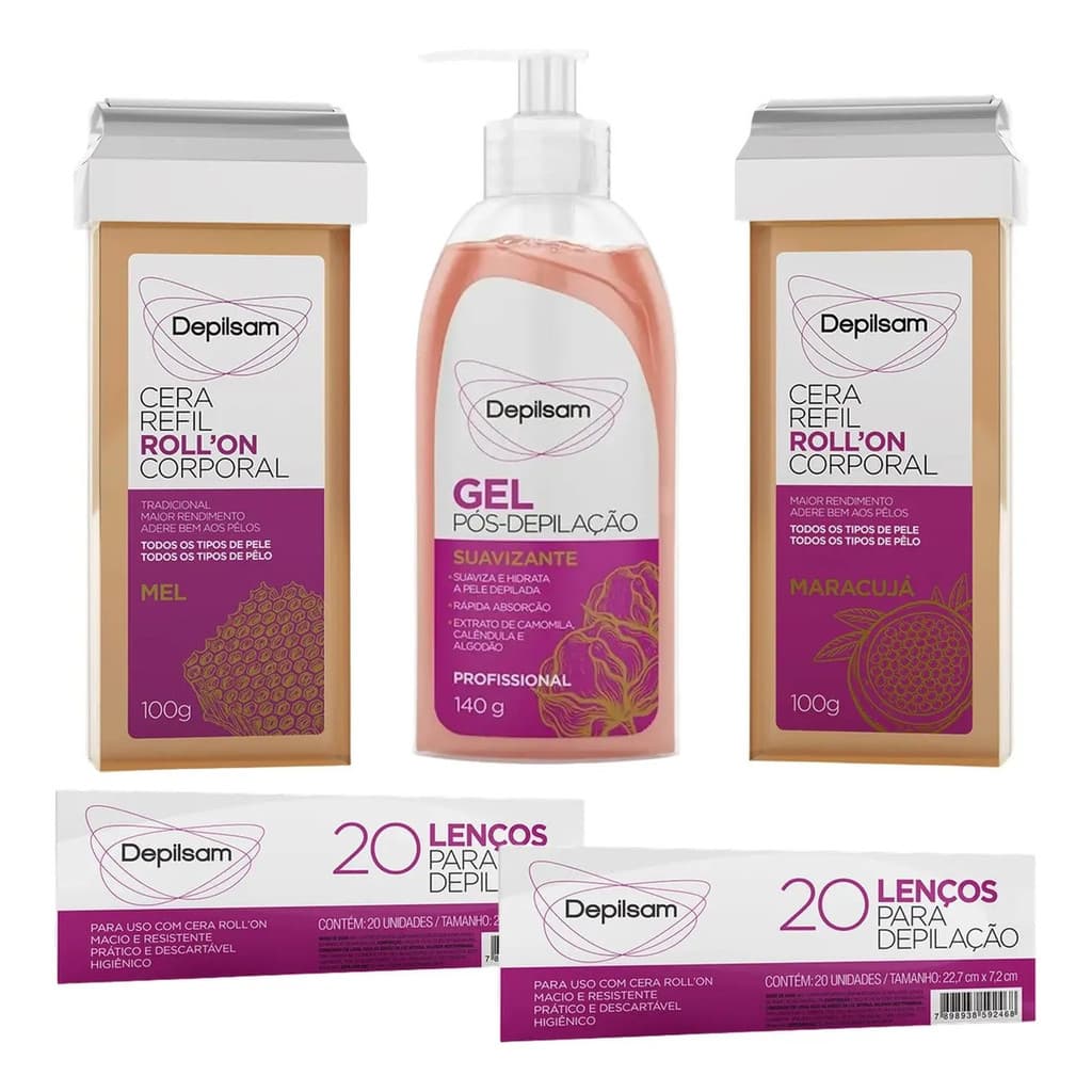 Kit 2 Ceras Refil Roll-on Corporal + Gel + Lenços Depilsam