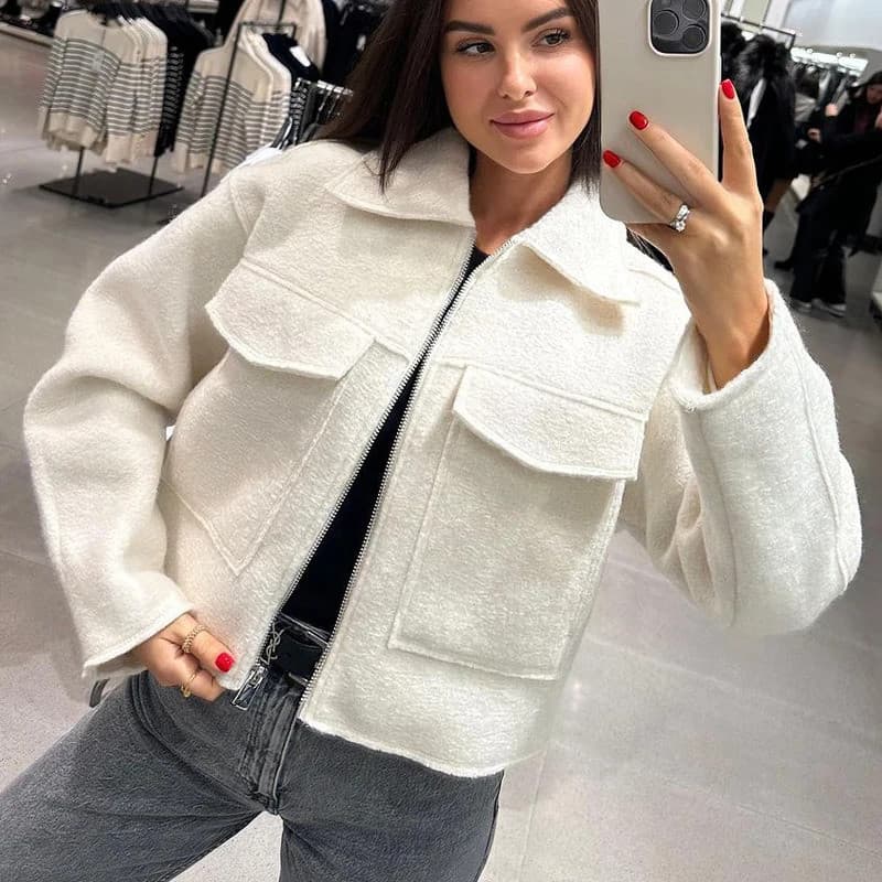 Casaco de Lã Tweed HXAO para Mulheres, Jaqueta de Outono Inverno em Suede, Casacos de Meia Estação para Mulheres com Zíp