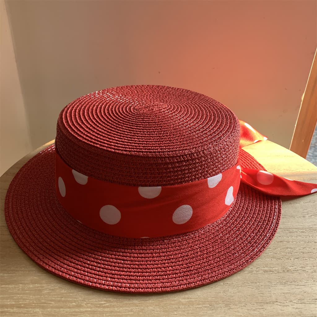 Chapéu feminino verão britânico chapéu de palha plana superior aba curta pequeno chapéu superior vermelho protetor solar