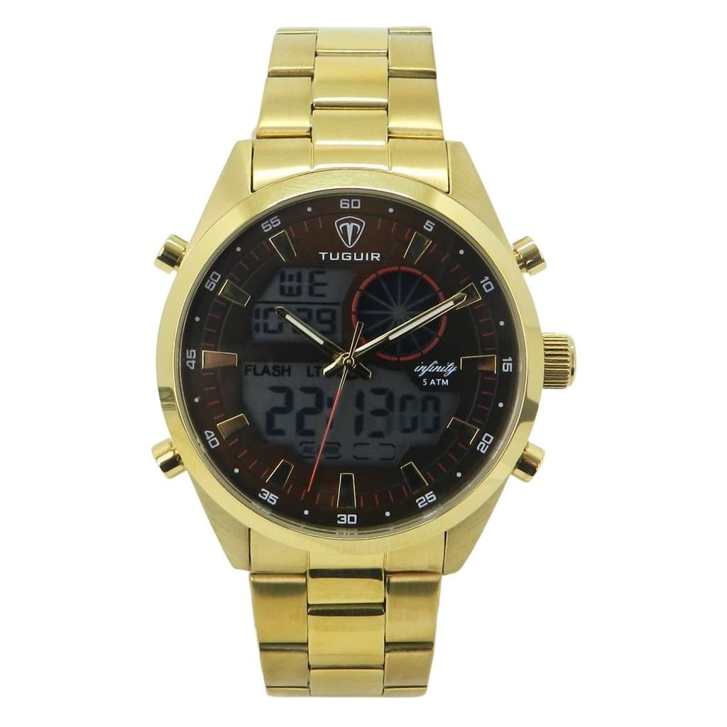Relógio Masculino de Aço Tuguir AnaDigi Infinity GCS-1265 Dourado e Marrom 5ATM LUXUOSO FASHION