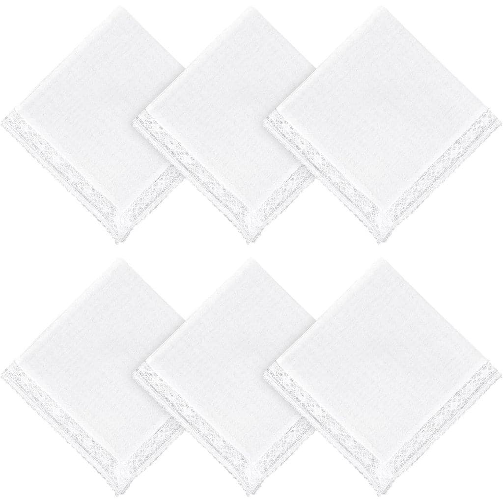 6 Lenços Femininos, Lenços de Algodão Branco com Borda Ondulada, Femininos, Lenços Brancos Puros com Borda de Ren