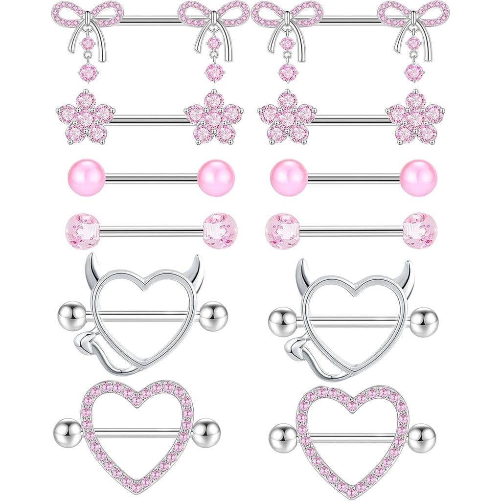 TIANCI FBYJS 6 Pares de Anéis de Mamilo 14G para Mulheres, Aço Inoxidável 316L, Conjunto de Anéis de Mamilo com Coração,