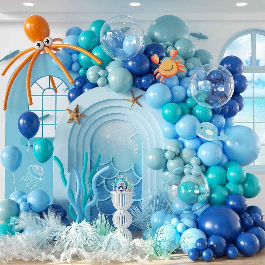 Kit de Arco de Balões com Tema Subaquático com 134 Peças, Incluindo Balões Longos Azul-Petróleo, Azul Acinzentado e Lara