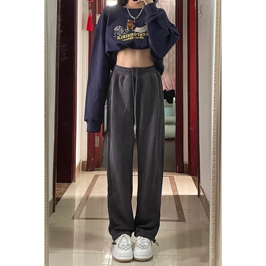 Cinza calças de perna larga feminina primavera outono fino cintura alta solta em linha reta Casual cordão Sweatpants peq