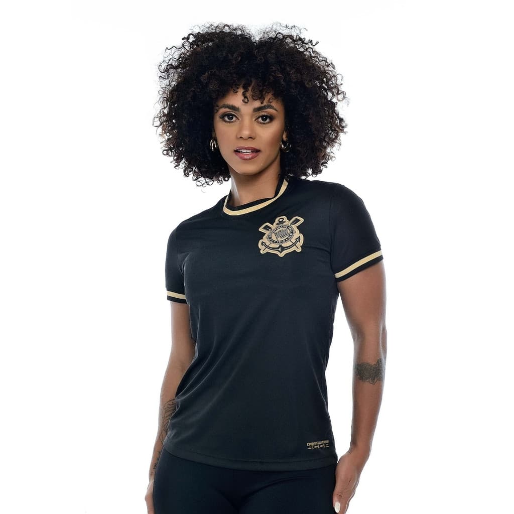 Camisa Corinthians Feminina All Black Gold Preta e Dourado Bordada Oficial Licenciada Baby Look Timão