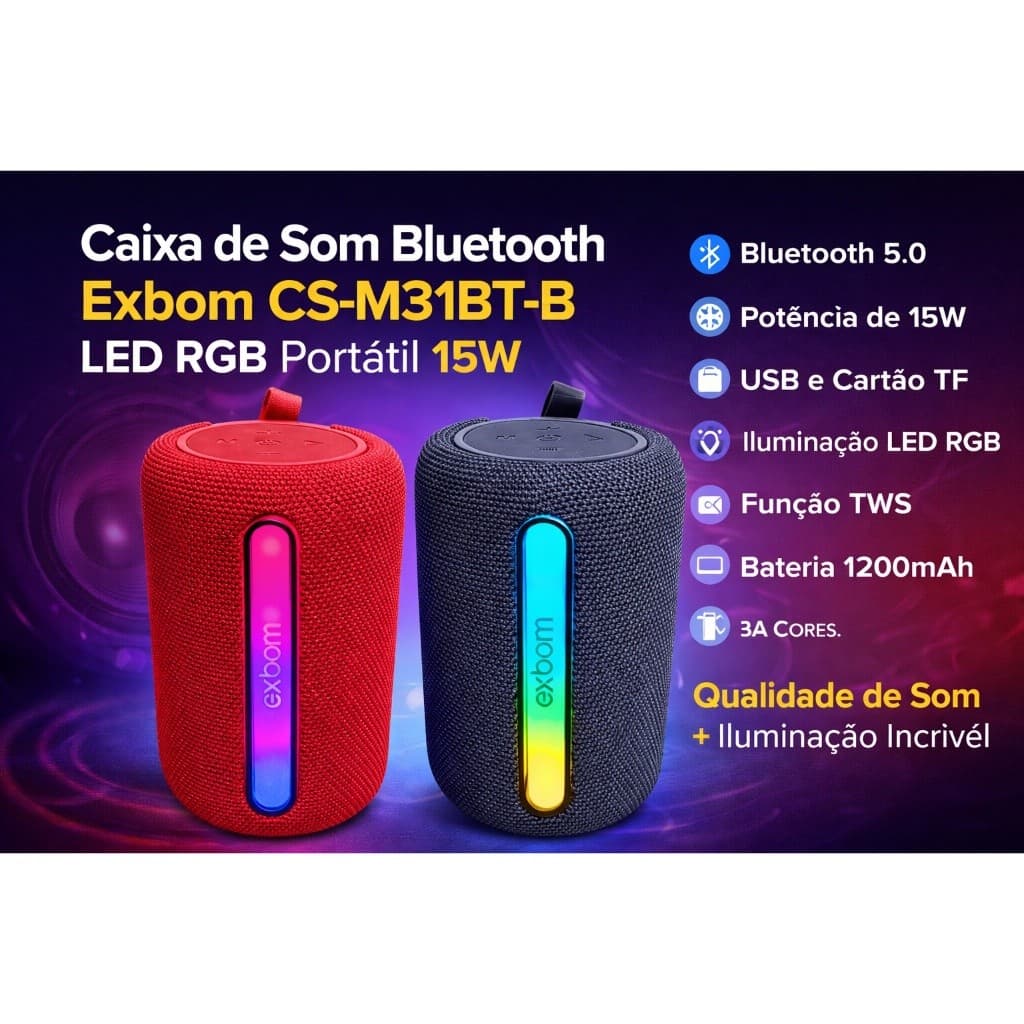 Caixa de Som Bluetooth com LED RGB 15W TWS USB TF FM Portátil