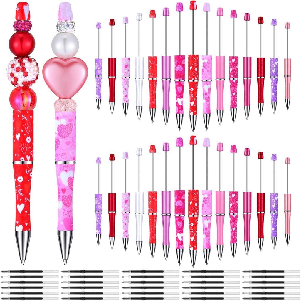 Qilery 30 Canetas Plásticas Decoráveis com Miçangas, Canetas Esferográficas Coloridas com Miçangas, Tinta Preta, com 30