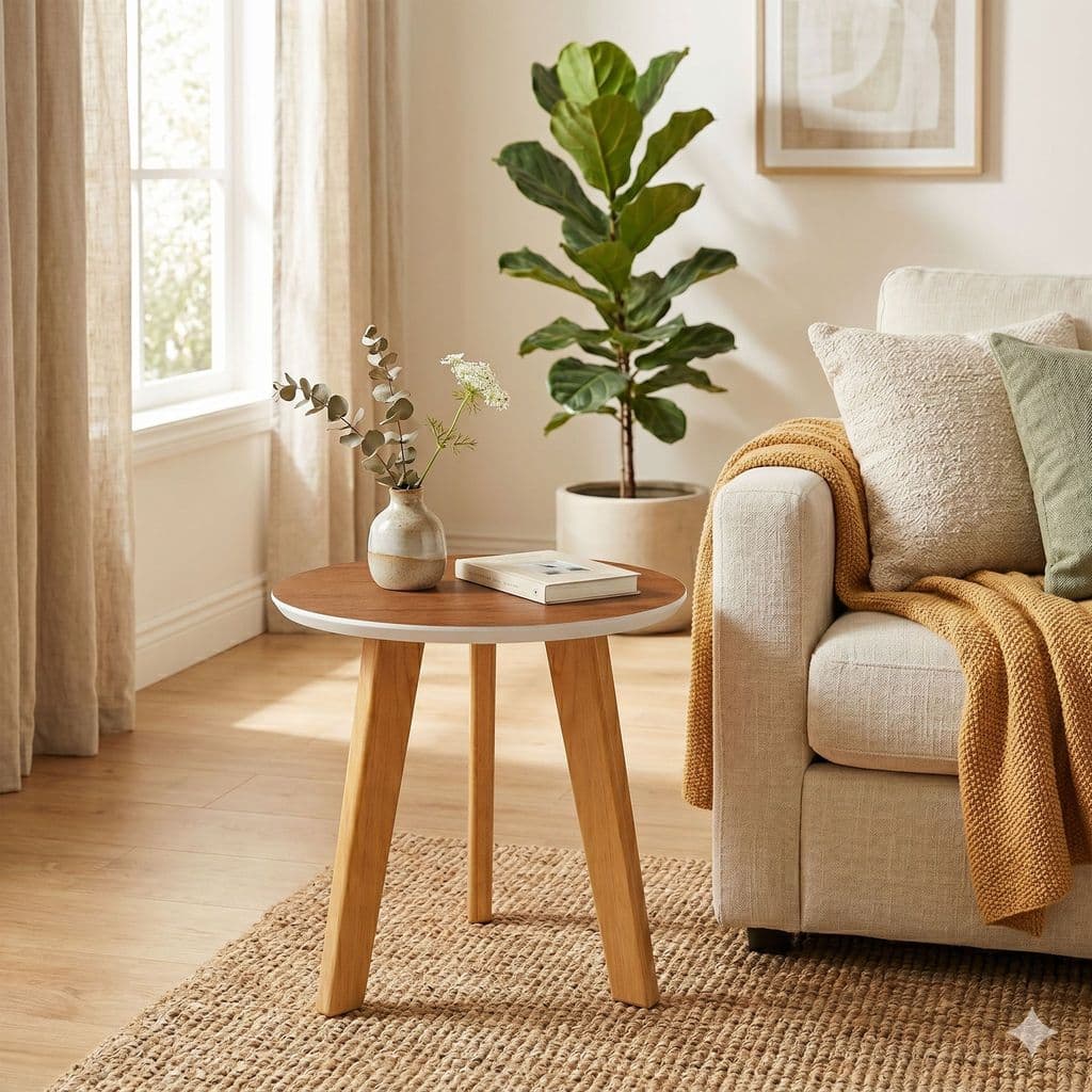 Mesa De Canto Off White  E Madeira Moderna Para Sala, Quarto, Cozinha, Banheiro