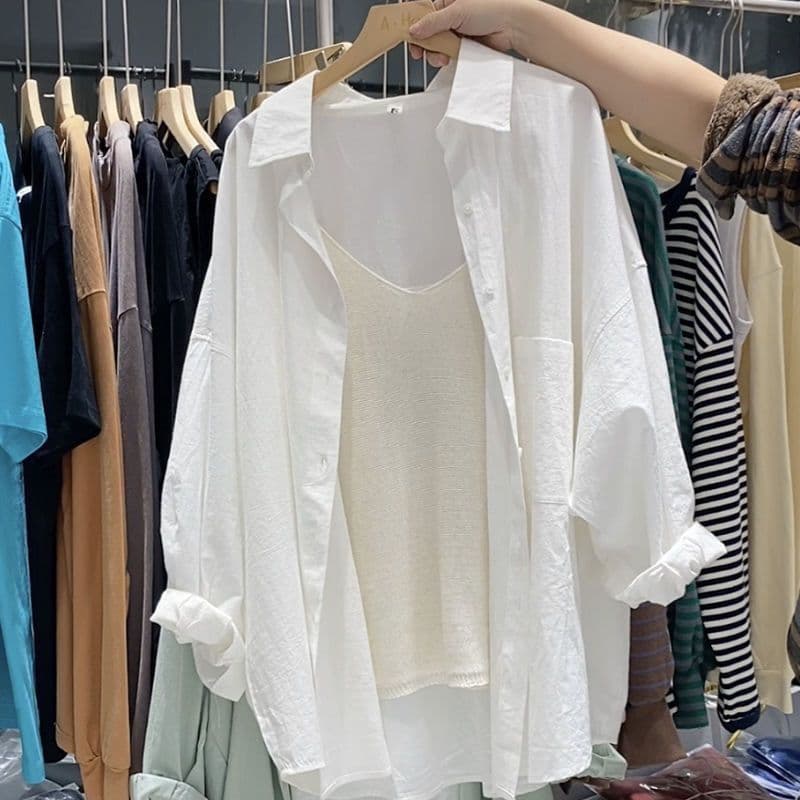 Camisa Branca Nova Blusa De Verão Manga Longa top Estilo Coreano Ajuste Solto Proteção Solar ls423