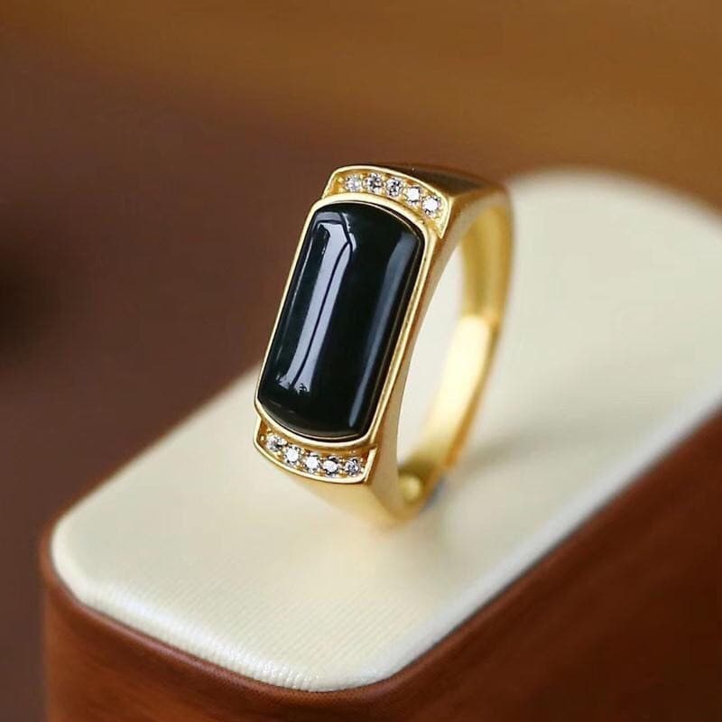 Simulação dominadora retangular obsidiana areia anel de ouro brilhante banhado a ouro anel aberto masculino
