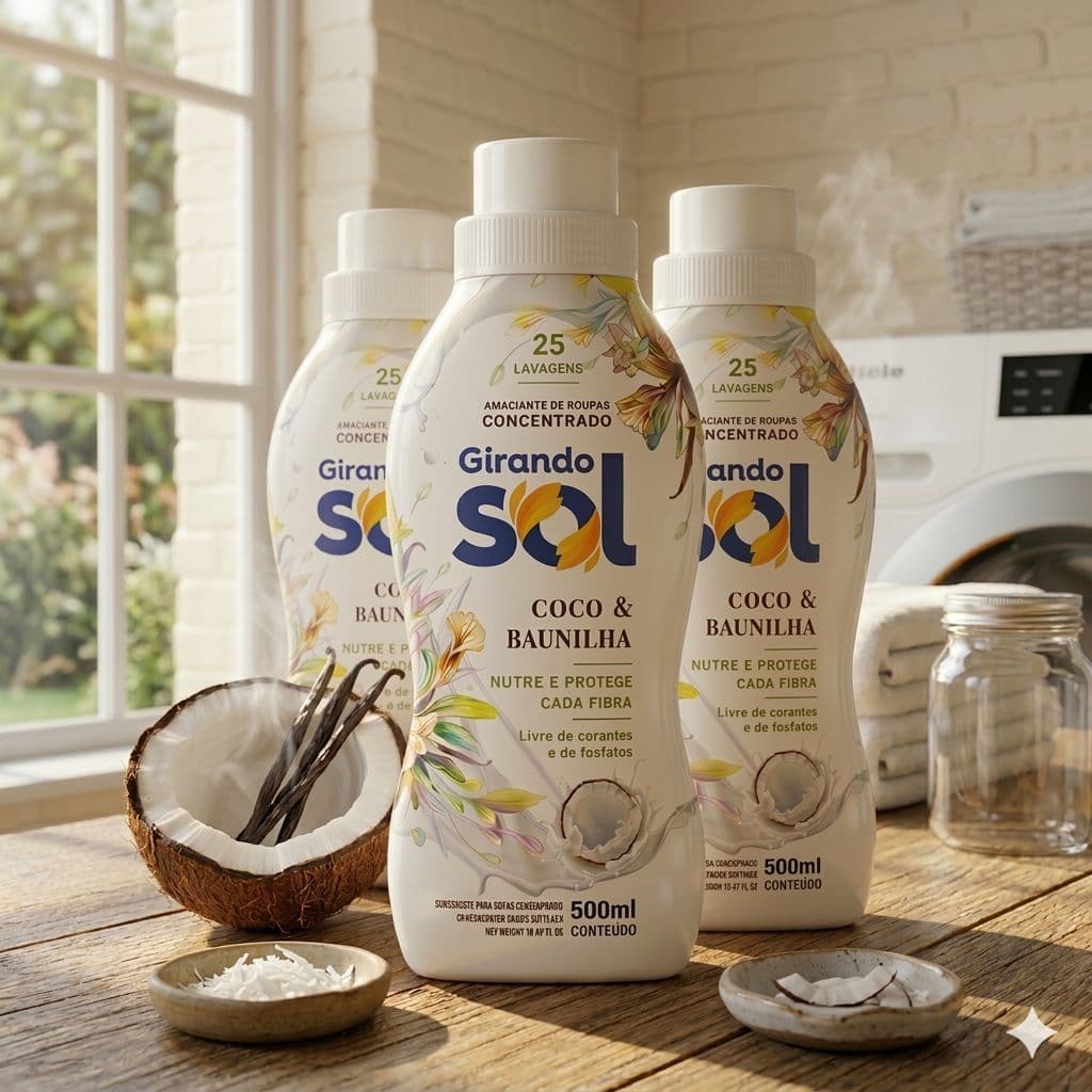 Kit 3 Amaciantes Concentrados Coco E Baunilha Girando Sol 500ml/ Rende Até 75 Lavagens