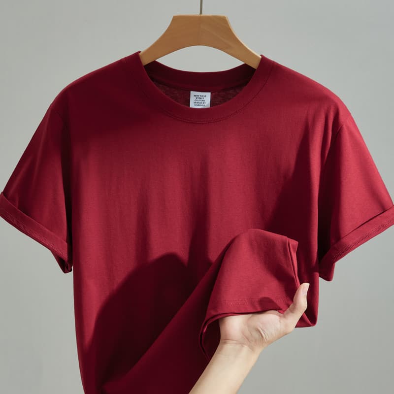 Camiseta de manga curta masculina verão em torno do pescoço cor sólida sensação legal vinho vermelho camiseta masculina