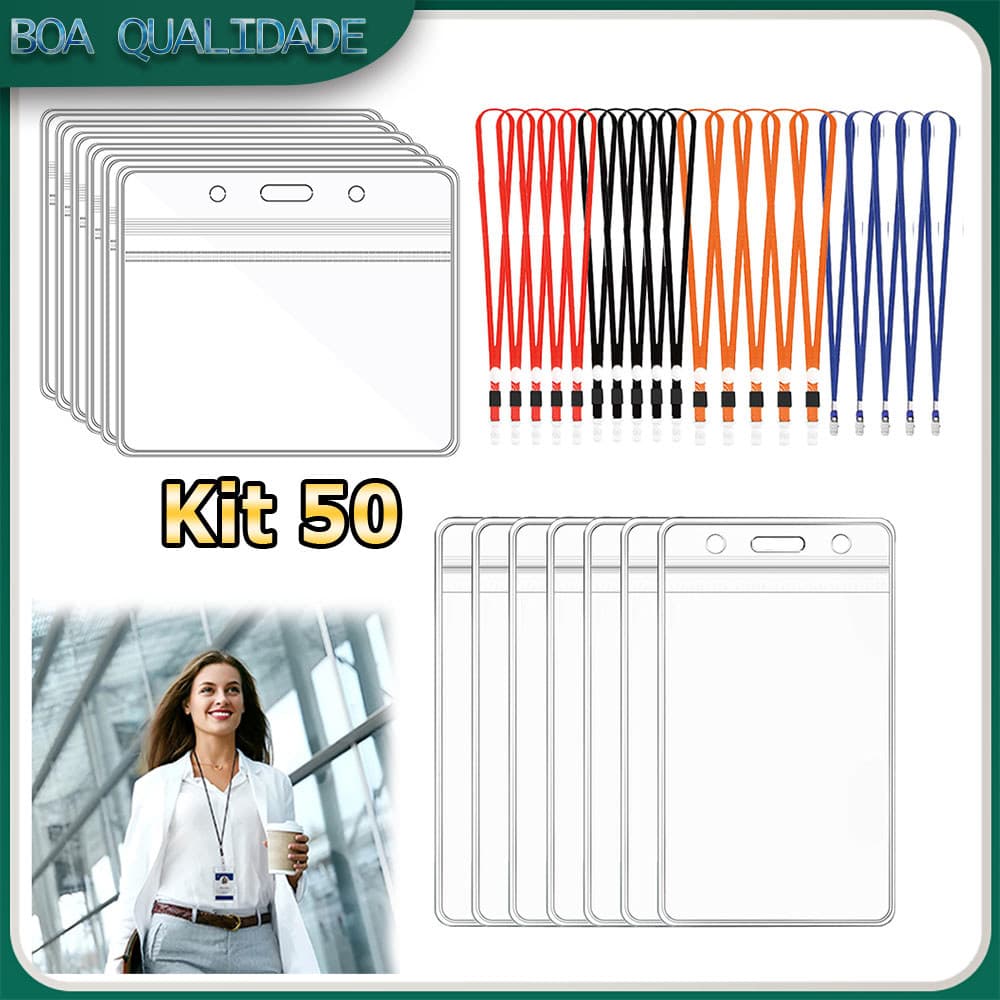 Kit 50 Porta-crachás com cordão porta-cartões transparente à prova d'água porta-crachás de plástico com cordão