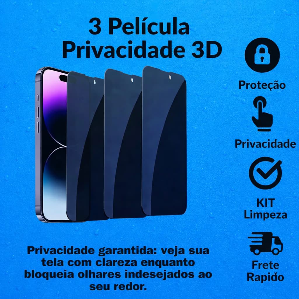 Película De Vidro Temperado Privacidade 3D Para Tudo Iphone X,XS,XR,6,7,8,11,12,13,14,15,16 /Pro Max/PRO/PLUS/MINI