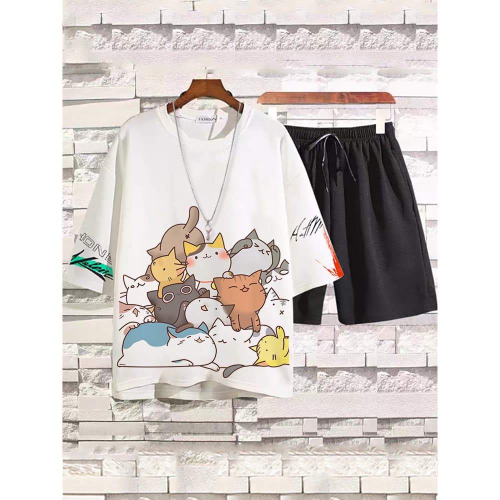 Terno de verão masculino na moda solto tamanho grande Shorts de manga curta terno de duas peças gato meia manga adolesce