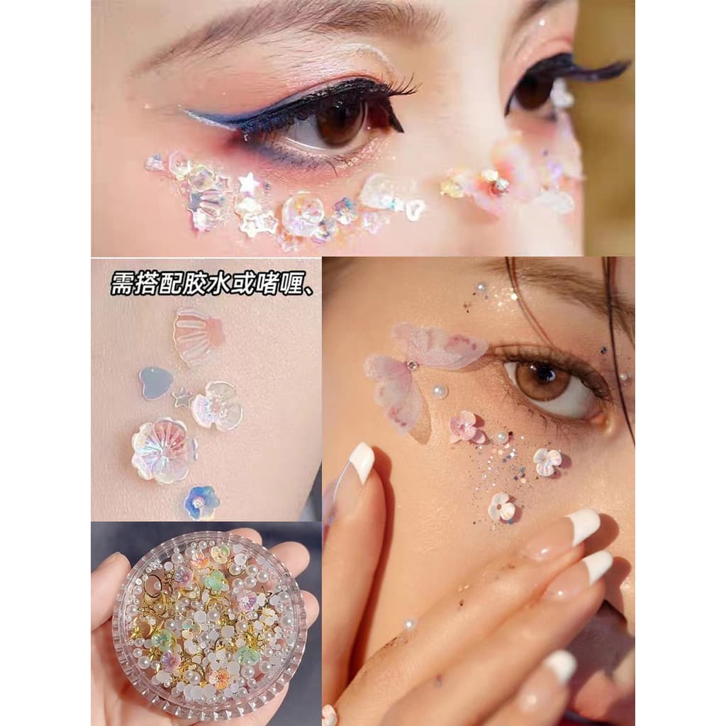 Hanfu pérola rosto diamante adesivo maquiagem dos olhos maquiagem nupcial maquiagem borboleta jóias crianças palco maqui