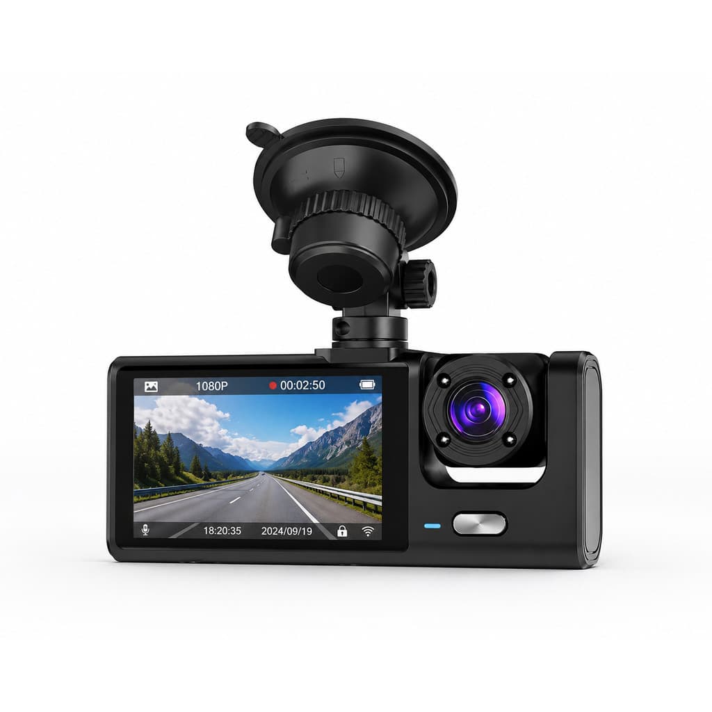 Câmera Veicular Full HD 1080p 3 Lentes (Frontal + Interna + Traseira) com Tela LCD | DVR Automotivo com Visão Noturna