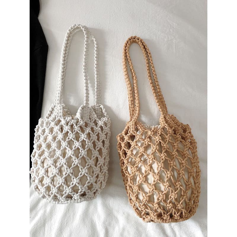 Novo estilo verão beira-mar praia bolsa oco grade bolsa de ombro fio algodão crochê Fishnet saco