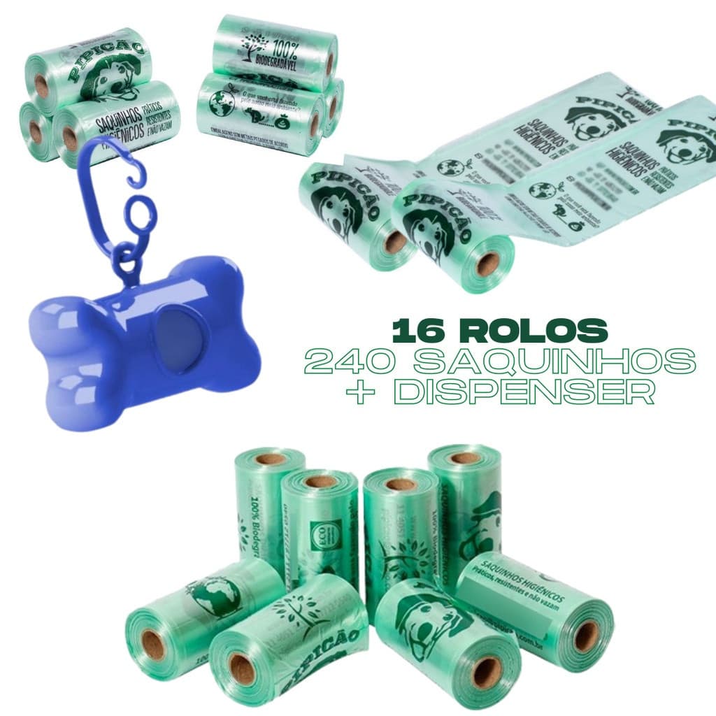 Kit 16 Und 240 Saquinho Coletor Cata Caca Pet Gato Cachorro com Dispenser