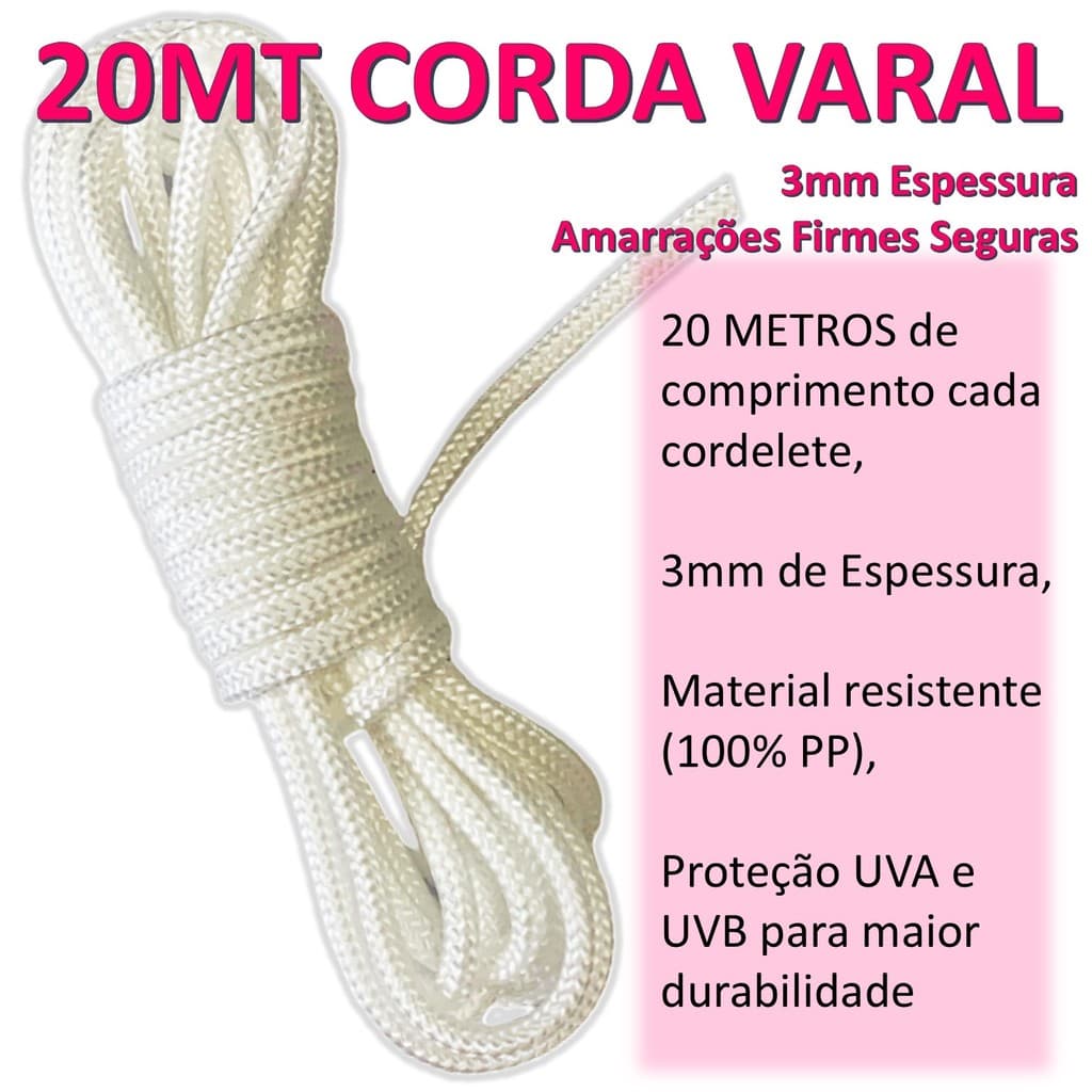 Kit Corda Multiuso 20mts Nylon 3mm Reforçada  Varal De Roupas E AmarraçõesTendas Gazebos  Cor:Branco