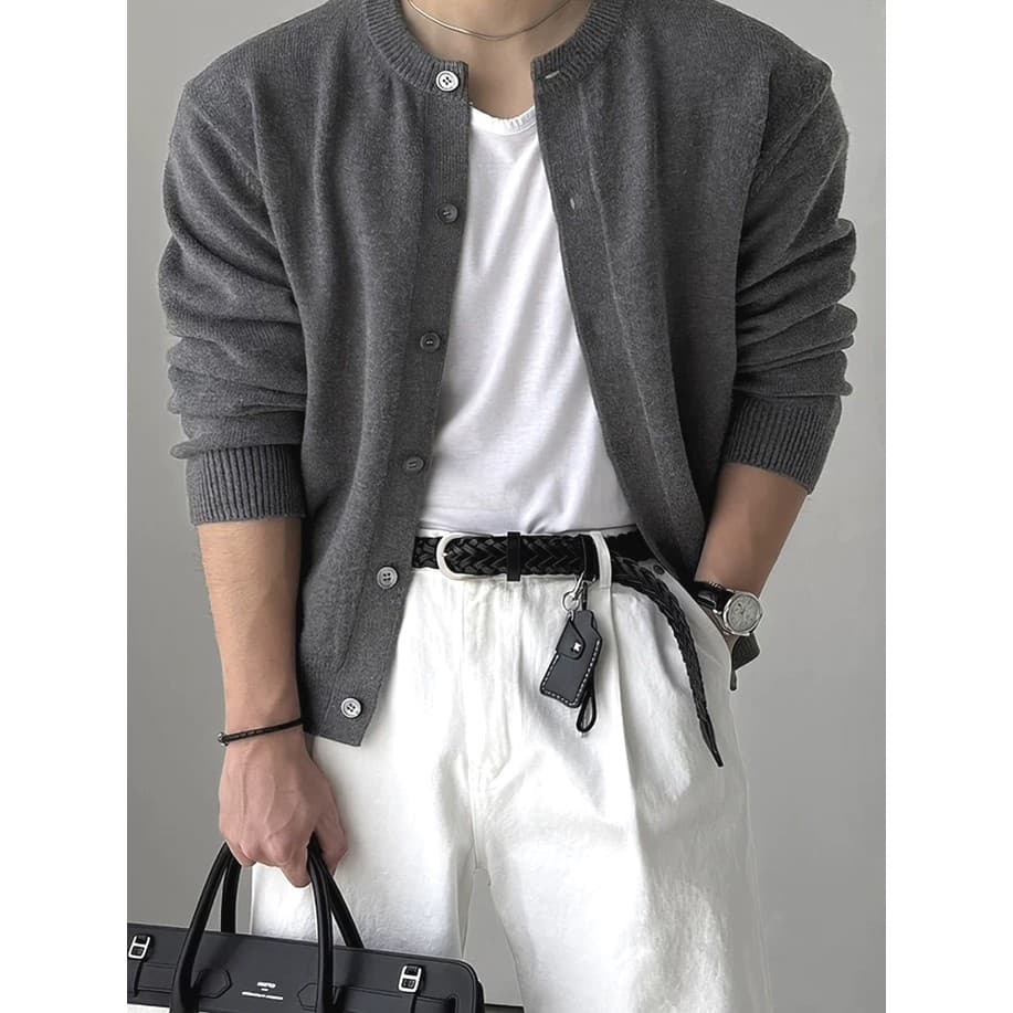 Estilo americano núcleo-fiado fio de malha Cardigan masculino fino ajuste moletom de manga comprida em torno do pescoço