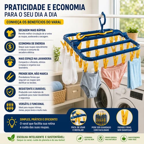 Varal De Roupa Calcinha Meias Com 32 Prendedores Reforçado Azul-escuro