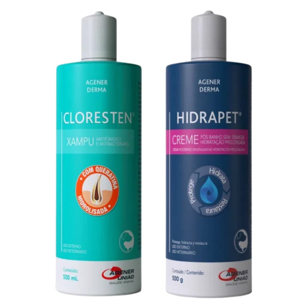 Kit Shampoo Cloresten 500ml + Hidrapet Creme 500g Cães E Gatos